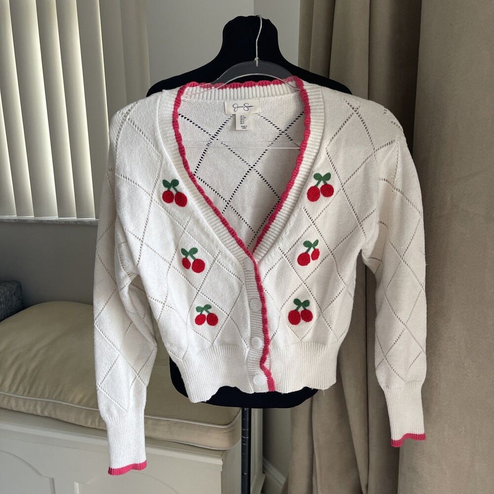 jessica simpson Retro Cherry  V Neck Knit Cardigan sweater S